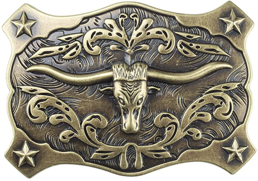 Western GOLD PEWTER LONGHORN BULL BELT BUCKLE Texas Cowboy Gift 