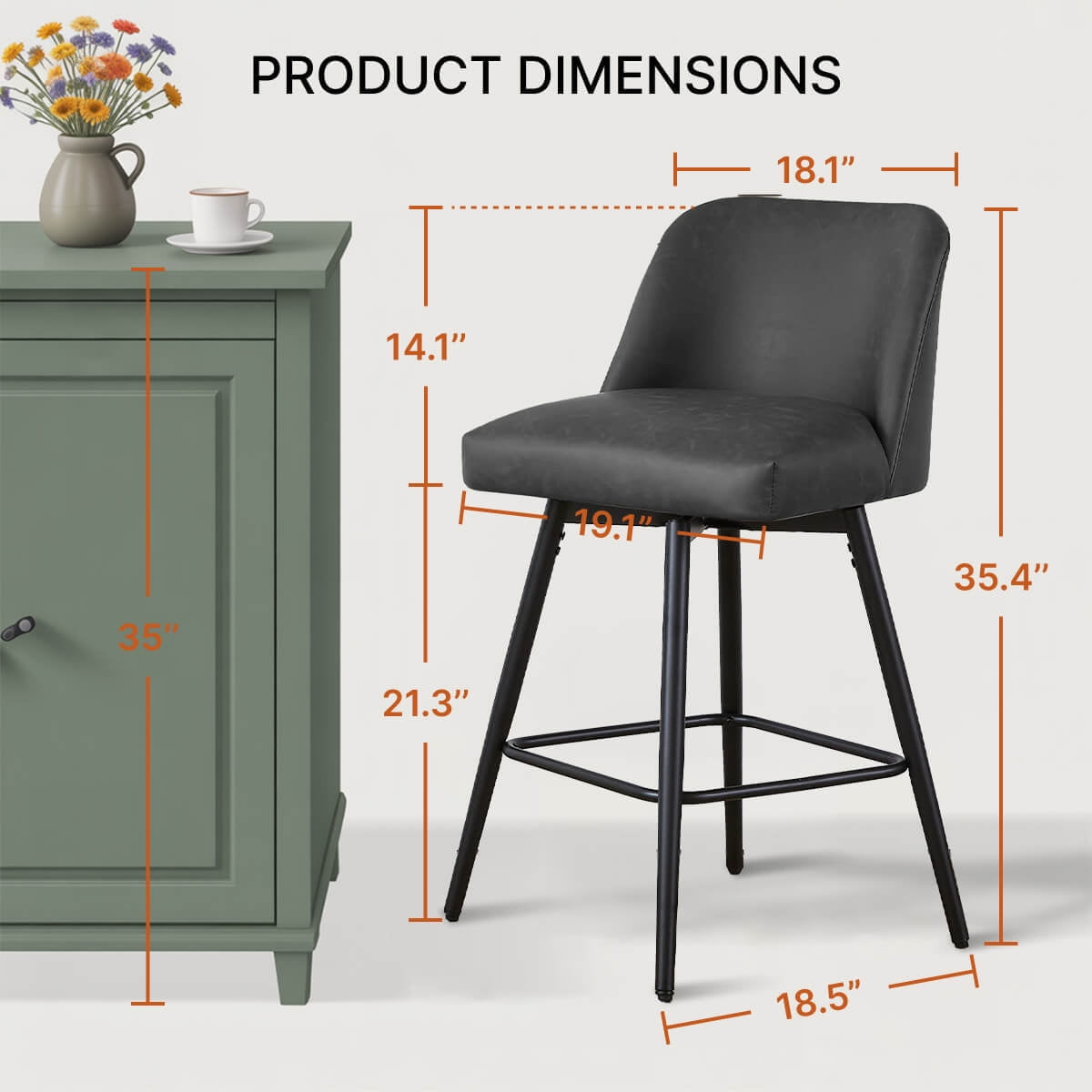 L'AGRATY Modern Bar Stools Set of 4, 26" High-Back Counter Stools, Faux Leather Upholstery, for Kitchen Island, Home Bar, Black