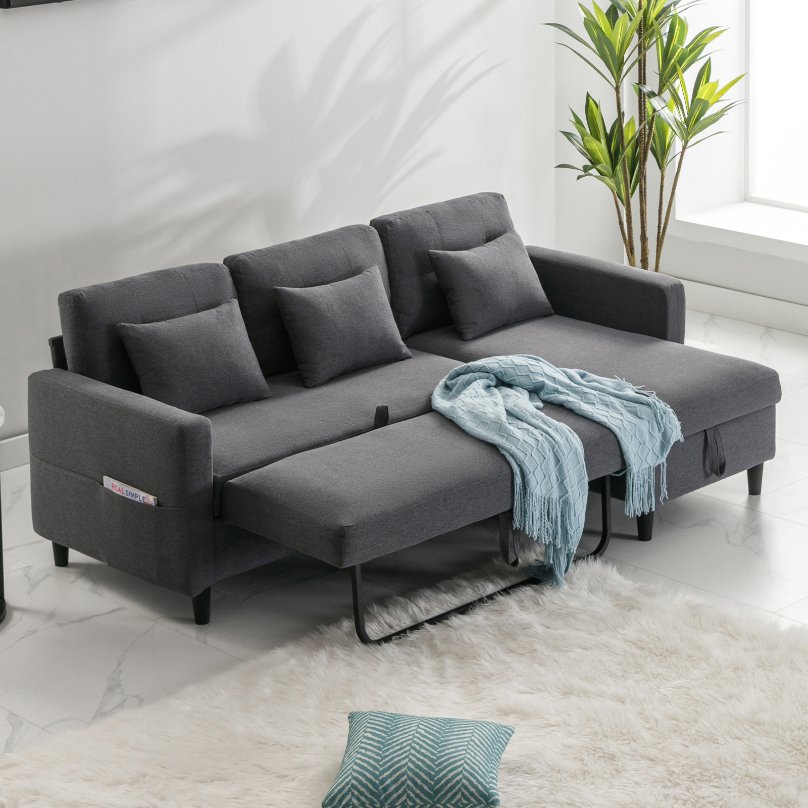 BALUS Reversible Sleeper Sectional Sofa with Storage Chaise, 3Seat