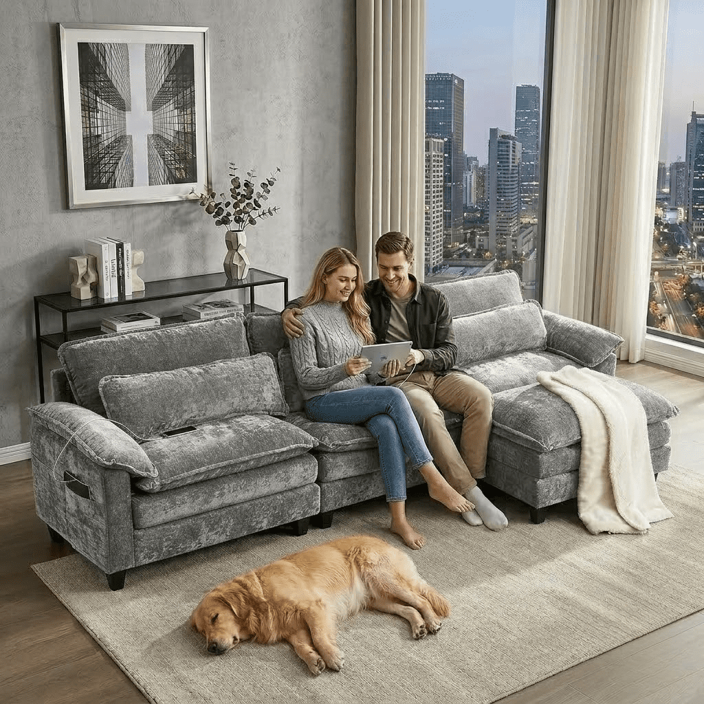 Howcool Cloud Couch Modular Sectional Sofa 3 Seat 113" L Shaped Convertible Couch Chenille Thick Cushion with Ottoman, Removable & Washable Cover for Living Room, Grey