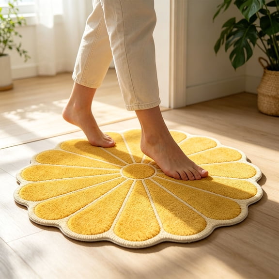 PoyoKee 1pc Bathroom Rugs, Flower Shape Soft Absorbent Bath Mat, Antiskid Decorative Bath Mats for Bathroom Floor, Home Decor, 23.6" x 23.6" - Yellow