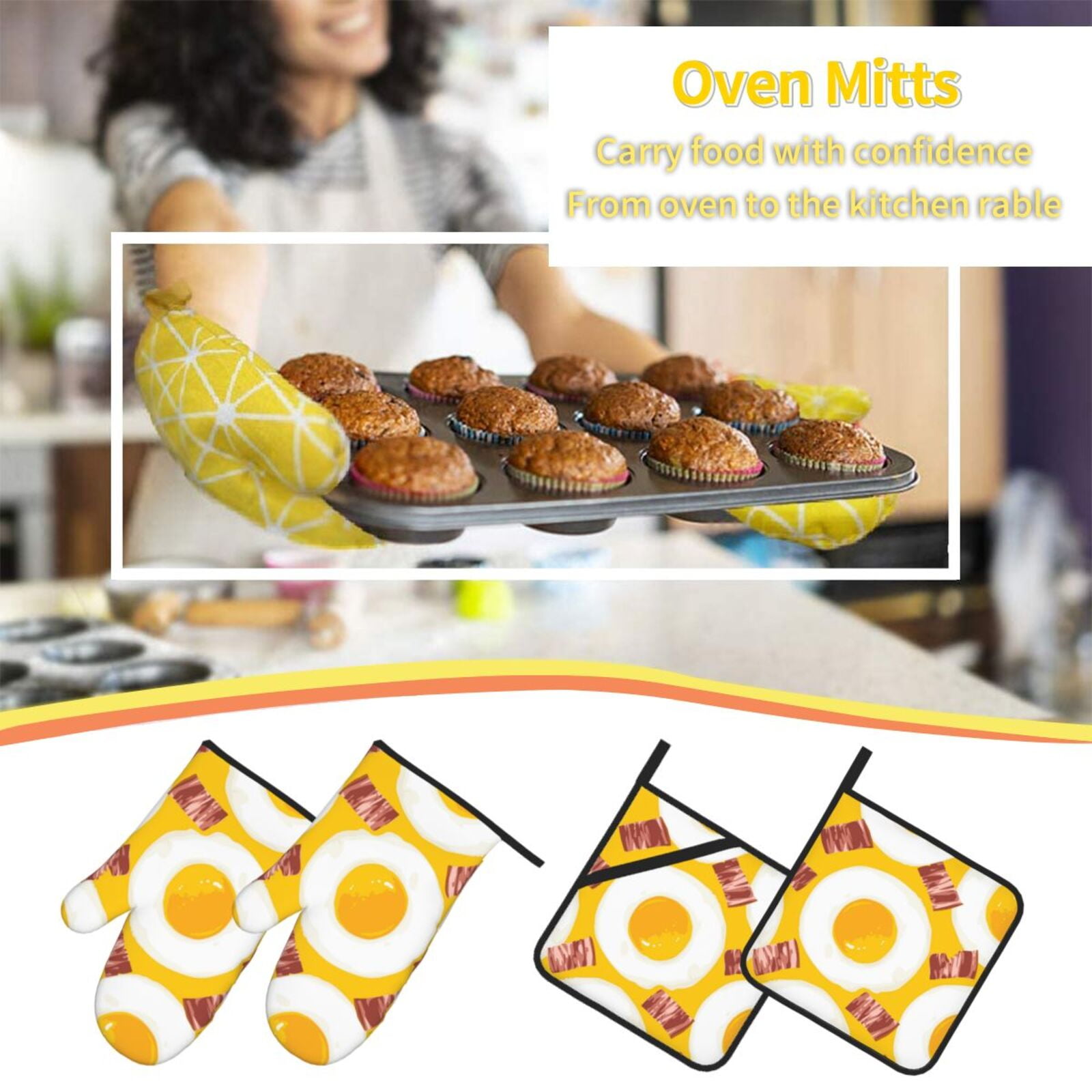 Breakfast Eggs Bacon Cute 4Pcs Oven Mitts and Pot Holders Sets Oven Kitchen Gloves Hot Pads for Cooking BBQ Baking Grilling