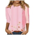 thumbnail image 2 of PXLKNZH T-Shirts à Manches 3/4 pour Femmes Imprimé Floral Vintage Graphique Col Rond Tunique Ample Rose,TTTG, 2 of 5