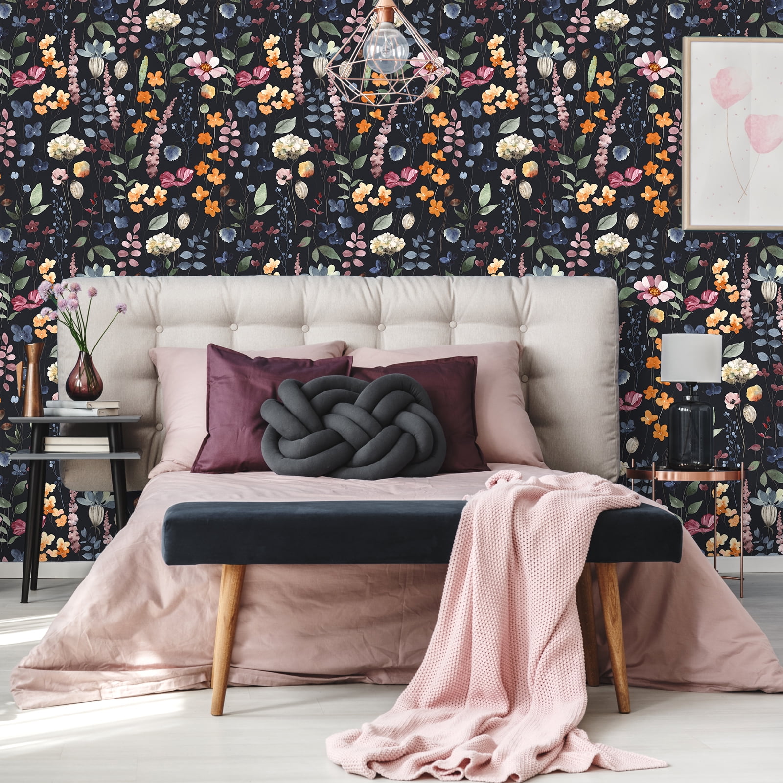 VEELIKE 17.7''x354'' Dark Pressed Flowers Floral Wallpaper Vintage Floral Peel and Stick Wallpaper for Bathroom Removable Wallpaper Decorative Contact Paper Mural for Bedroom Walls Cabinets Shelves