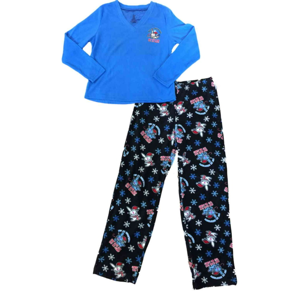 It's Happy Bunny - Womens Happy Bunny Snowflakes Fleece Pajamas Rabbit & Candy Canes Sleep Set S