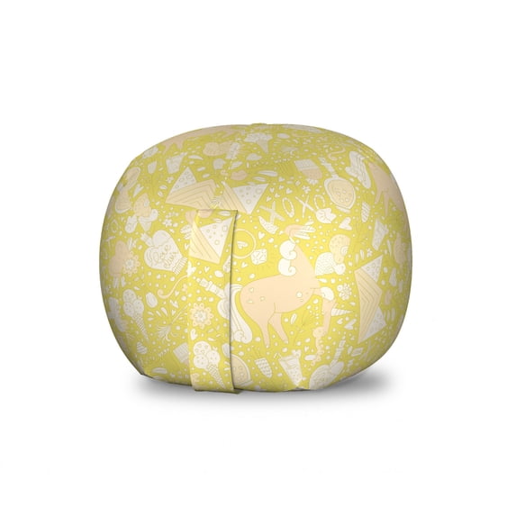 Cartoon Storage Toy Bag Chair, Unicorns Along Elements Like Birds Ice Creams Flowers Wines and Hearts Pattern, Stuffed Animal Organizer Washable Bag, Small Size, Multicolor, by Ambesonne