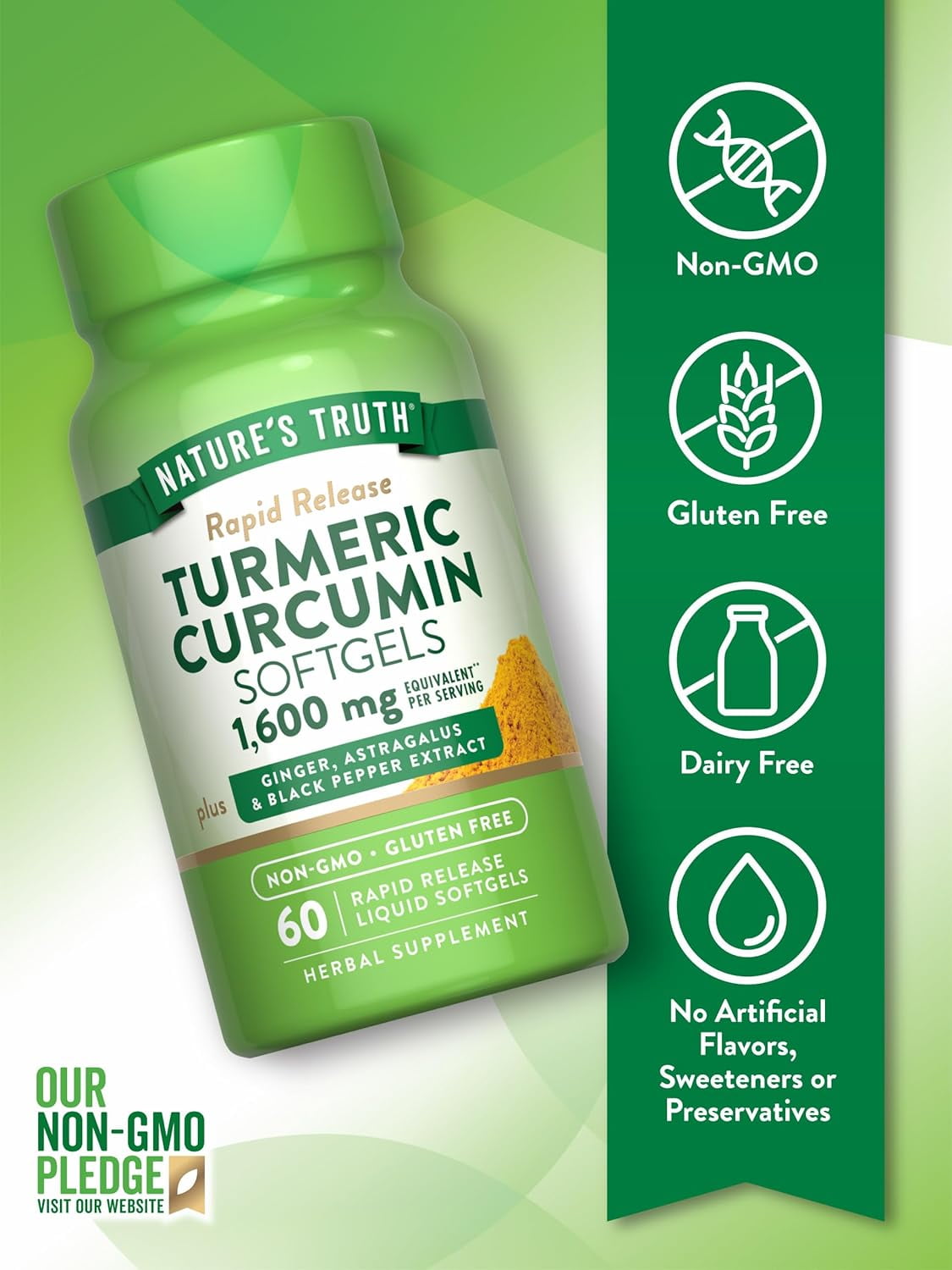 Turmeric Curcumin 1600mg | 60 Softgels | Non-GMO, Gluten Free Supplement | by Nature's Truth