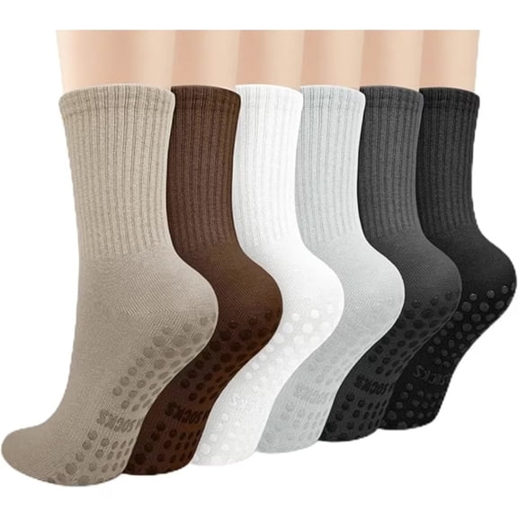 6 Pairs Non Slip Yoga Socks for Women, Crew Cotton Grip Socks for Pilates, Home and Hospital