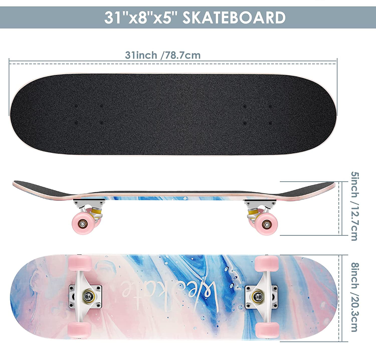 lenglangO Standard Complete Skateboards 31x 9 Inch Longboard for Kids Adult Beginner Teens A 