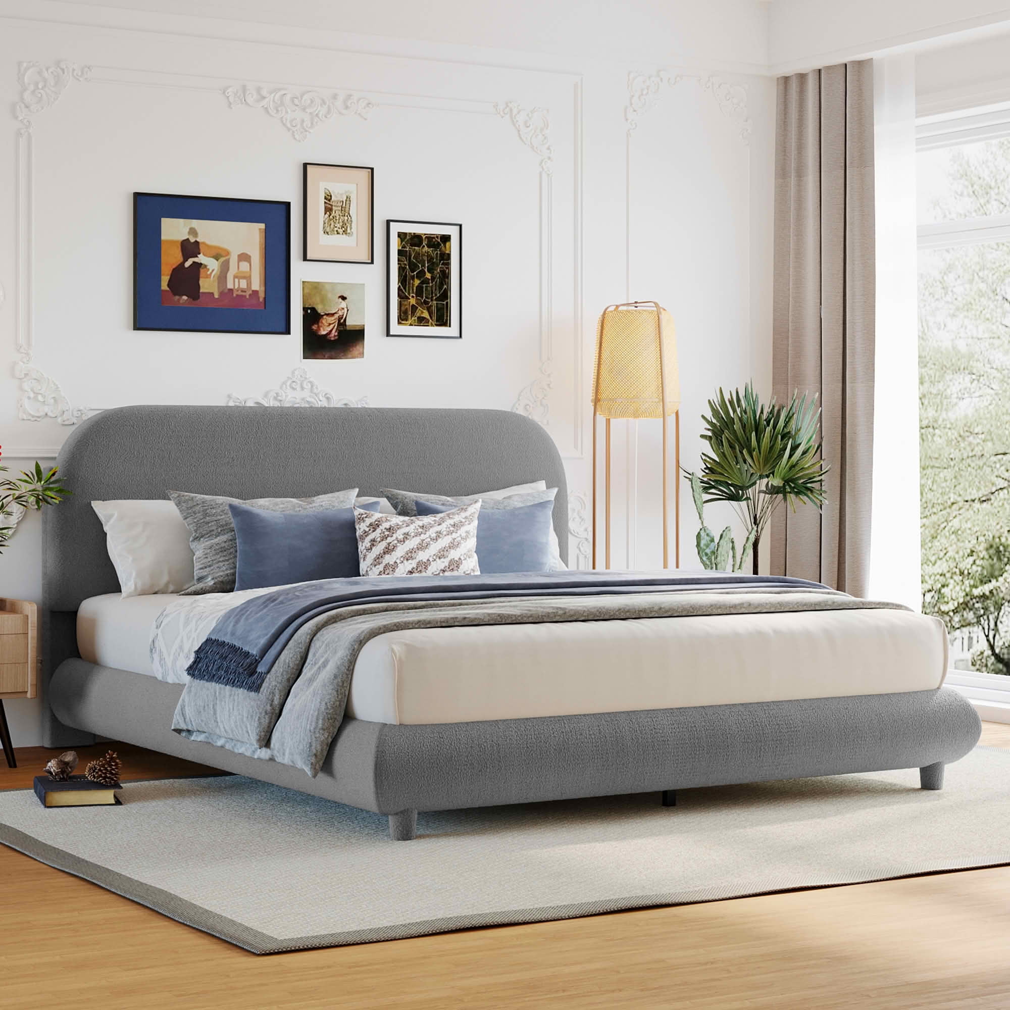 MAYEERTY Teddy Fleece Upholstered Platform Bed with Curved Design, Sturdy MDF Frame & Easy Assembly
