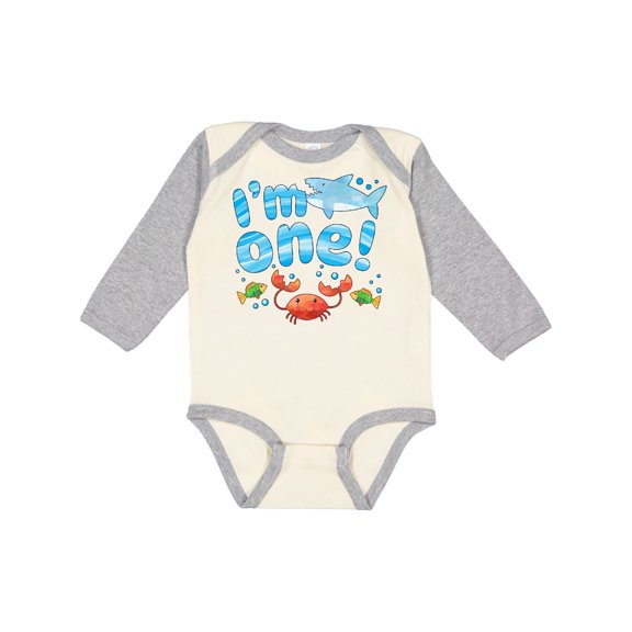 Inktastic I'm One First Birthday Shark and Crab Boys or Girls Long Sleeve Baby Bodysuit