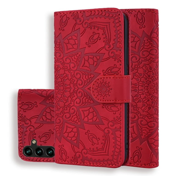 Samsung Galaxy A13 5G Wallet Case, Flower Embossed Premium PU Leather Wallet Flip Protective Phone Case Cover with Card Slots and Stand Samsung Galaxy A13 5G, Red