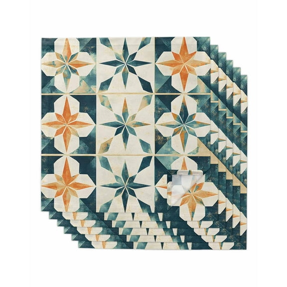nqOlkjepod Teal Orange Geometric Cloth Napkins Set of 6 Reusable Dinner Napkins, Vintage Chic Abstract Checked Cocktail Napkin Washable Table Napkins for Wedding/Holiday Party/Baby Shower 20"x20"