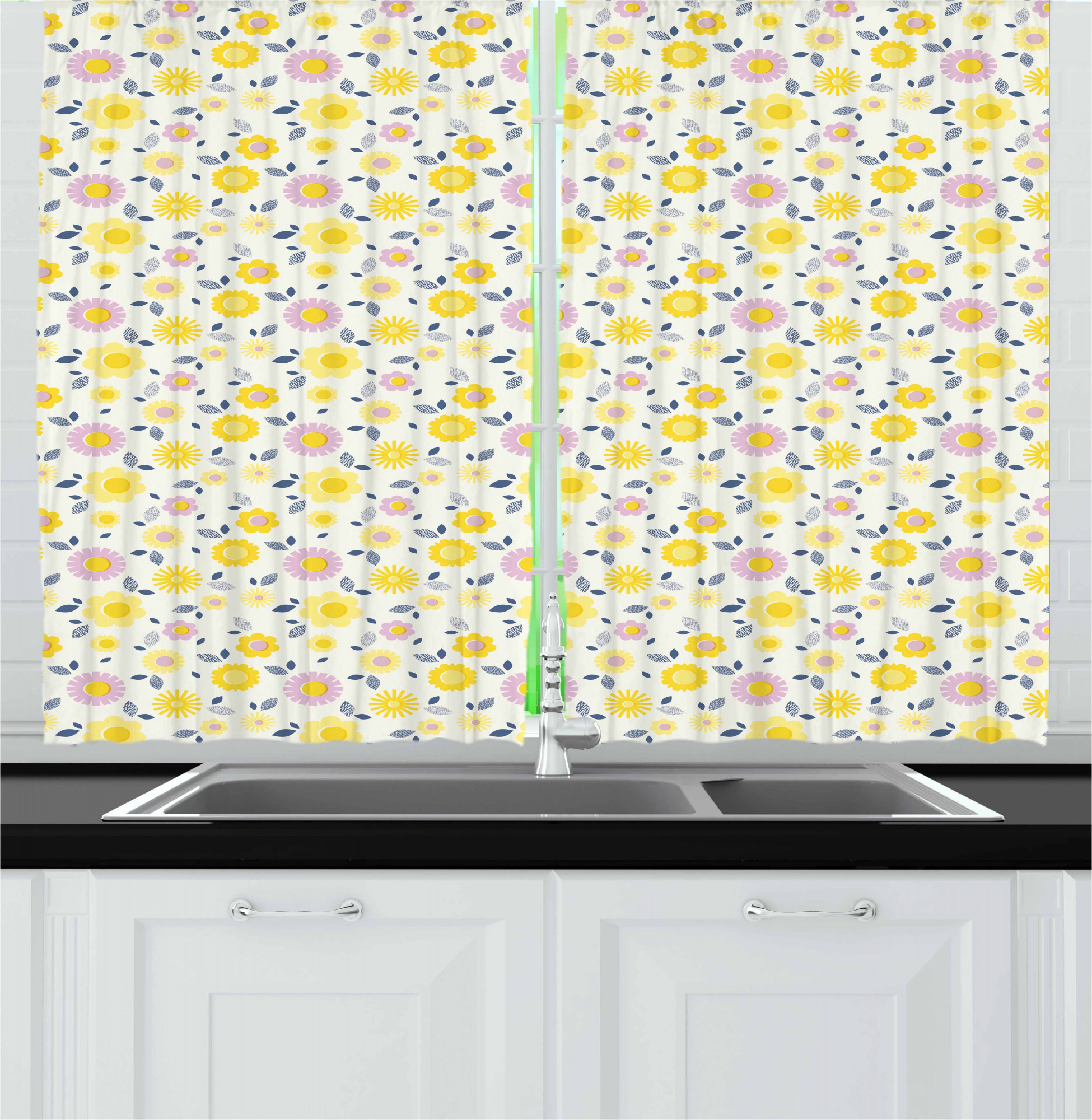 Daisy Kitchen Curtains, Summer Flower Blossom Leaves Pastel Toned