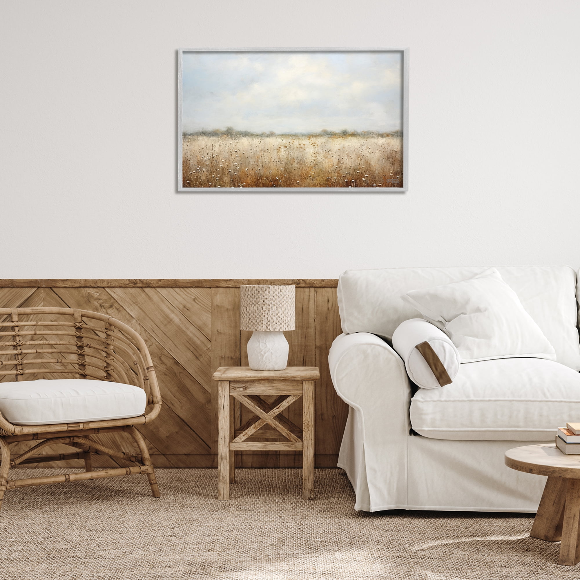 Stupell Industries Soft Daisy Field Landscape Painting Gray Framed Art Print Wall Art, 30 x 20