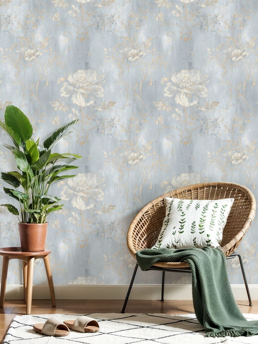 Vintage Peel and Stick Wallpaper 23.6in x 9.8ft Soft Blue Gold Floral Texture Contact Paper Vinyl Waterproof Self Adhesive Wall Paper for Bedroom Shelf Cabinet Renter Friendly