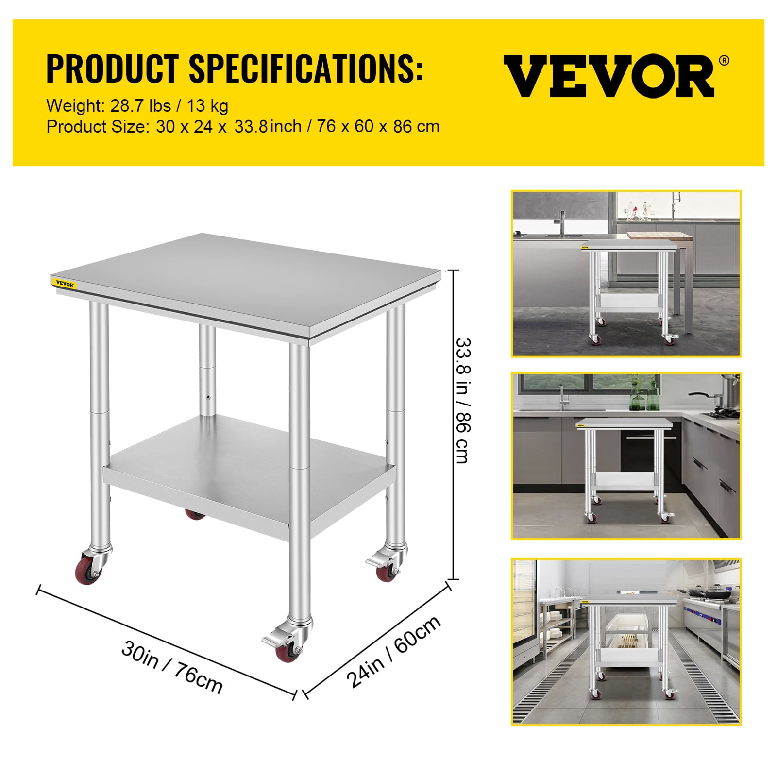 VEVORbrand Stainless Steel Work Table with Wheels 24 x 30 x 32 inch Prep Table with casters Heavy Duty Work Table for Commercial Kitchen Restaurant Business