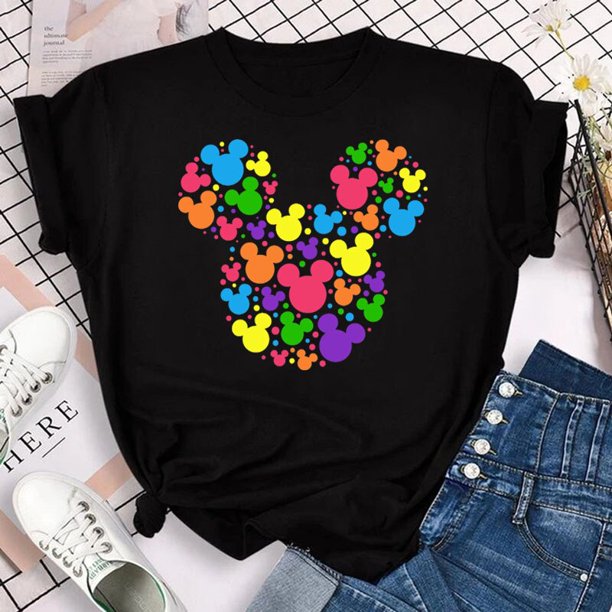 Disney Mickey Mouse Women's top Cartoon pattern women round neck casual fashion T-shirt Women's top short sleeveM Gao Jinjia LED