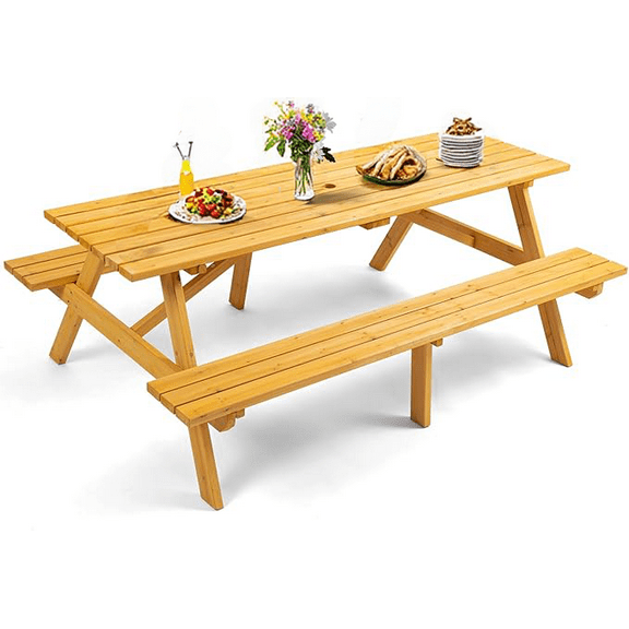 Picnic Table with Bench for 6-8 Person, Outdoor Wooden Rectangle Picnic Table with Umbrella Hole, Camping Dining Table for Backyard, Porch, and Garden, 2220lb Capacity