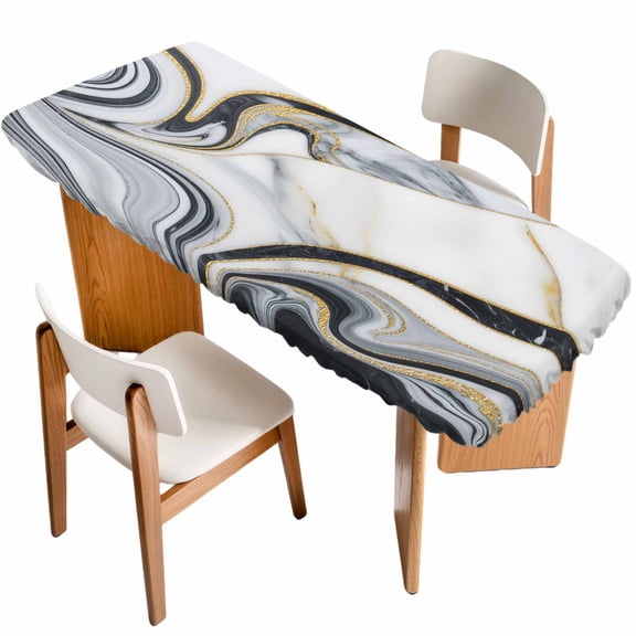 White Grey Marble Table Cloths for 8 Foot Rectangle Tables, Modern Abstract Art Ink Painting Patio Waterproof Elastic Fitted Tablecloths, Washable Rectangular Table Cover for Camping