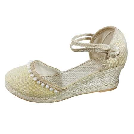

ZMHEGW Women Wedge Summer Ladiess Resort Style Floral Embroidered Pattern Wedge Slippers Shoes For Womens