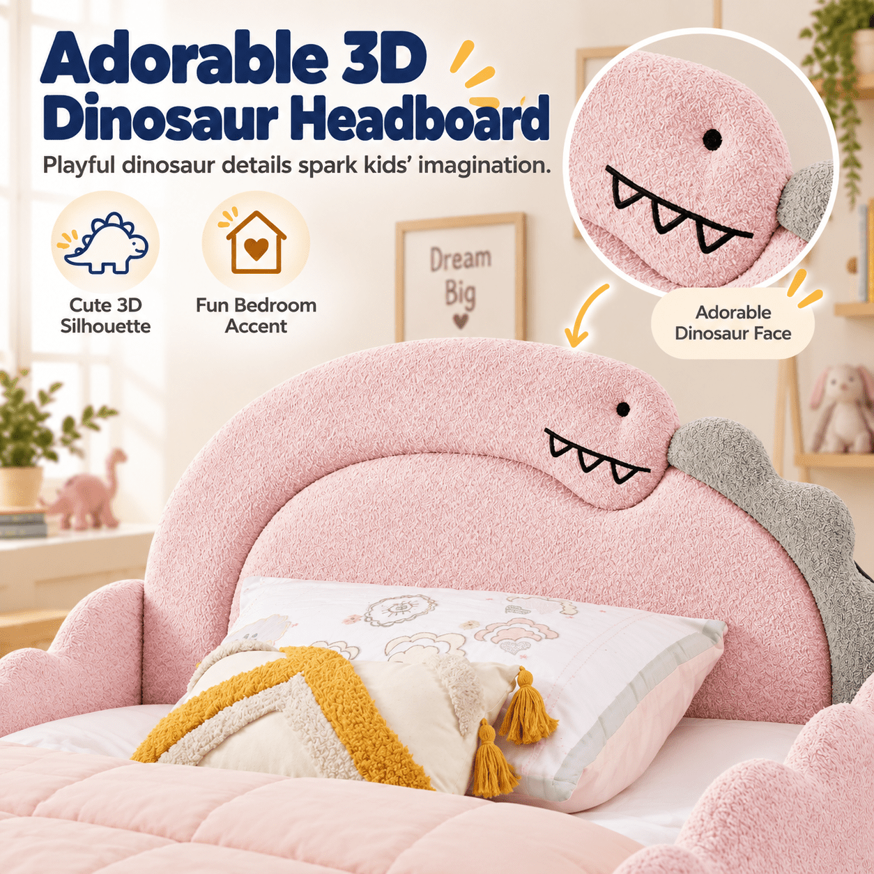 Wakefit Twin Size Dinosaur Bed for Kids with Safety Guardrails,Boucle Upholstered Platform Bed Frame with 3D Dinosaur Headboard,Floor Bed for Boys & Girls,No Box Spring Needed,Pink