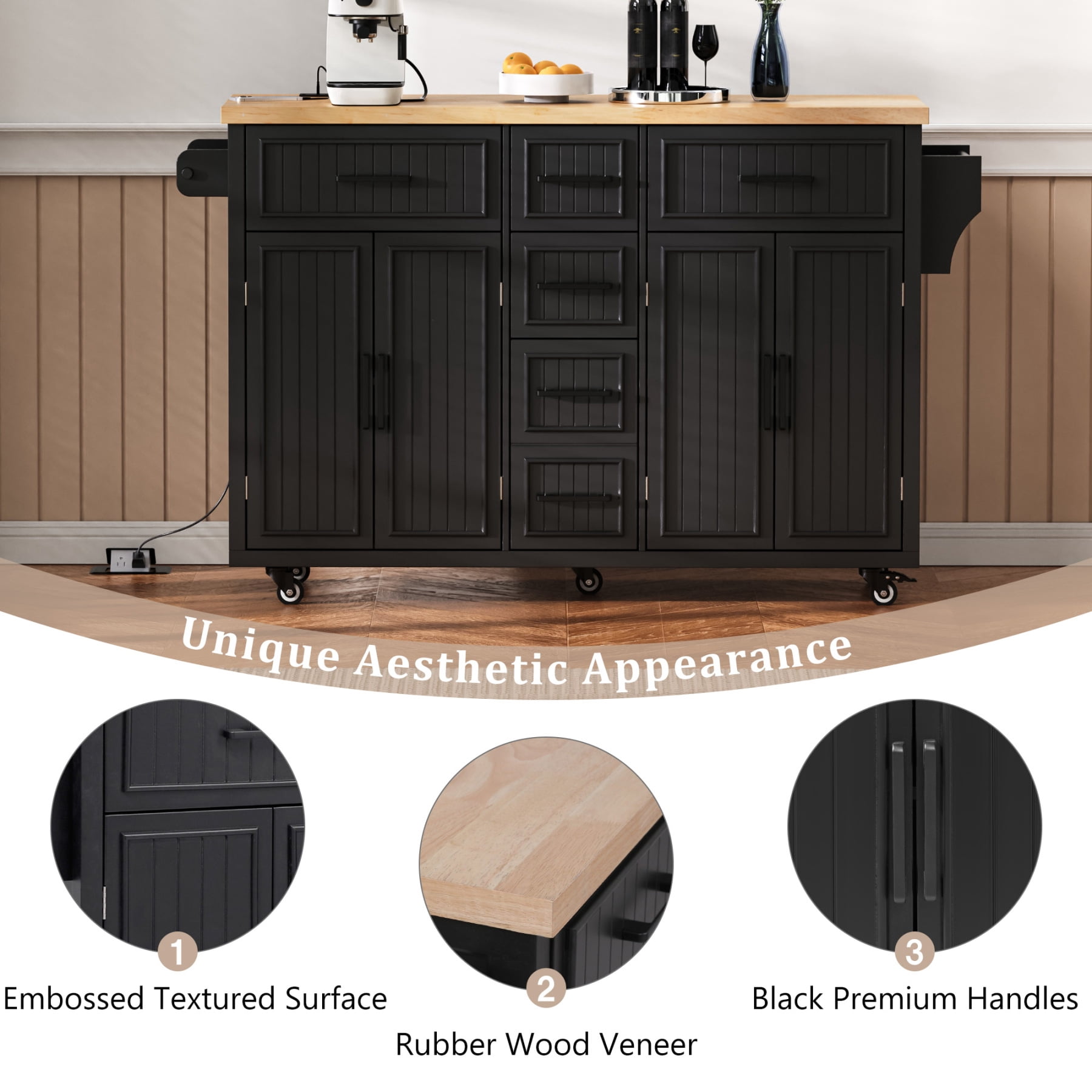 Harper & Bright Designs Kitchen Island with Drop Leaf, Rolling Kitchen Cart on Wheels with Doors, Drawers and Power Outlet for Dining Room, Black