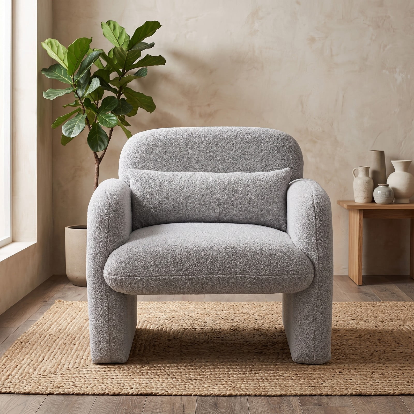 Furnibear Modern Accent Chair with Lumbar Waist Pillow and Cushioned Armrests, Soft Sherpa Upholstered Single Sofa Chair for Bedroom, Living Room, Nursery, Holds, Gray