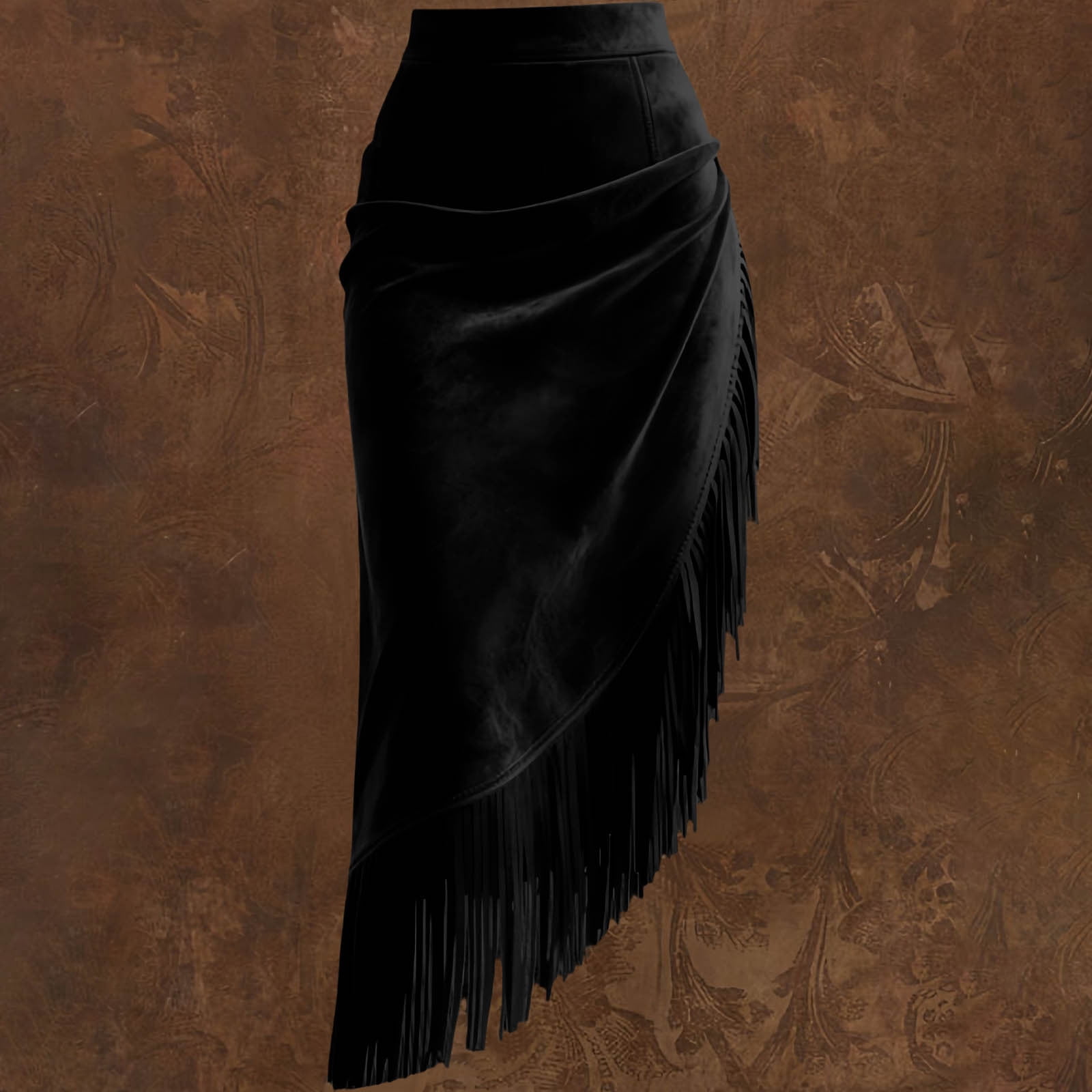 Women's Fringe Suede Maxi Skirt Western Style Asymmetric Ruched Bodycon Side Slid Cowgirl Tassel Long Skirts