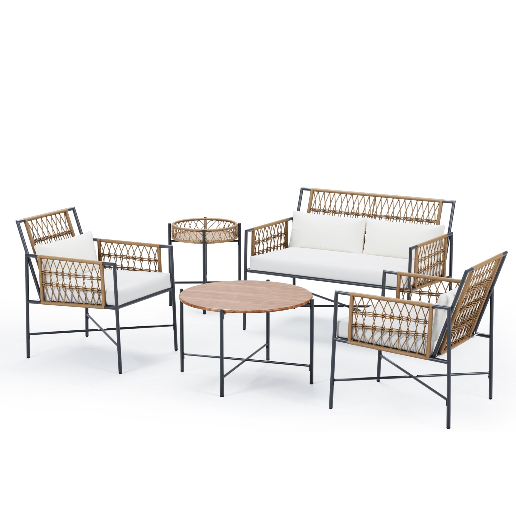 KAMEROUT 5 Pieces Outdoor Furniture Set, Patio Wicker Conversation Set with Beige Cushions for Porch, Balcony, Garden