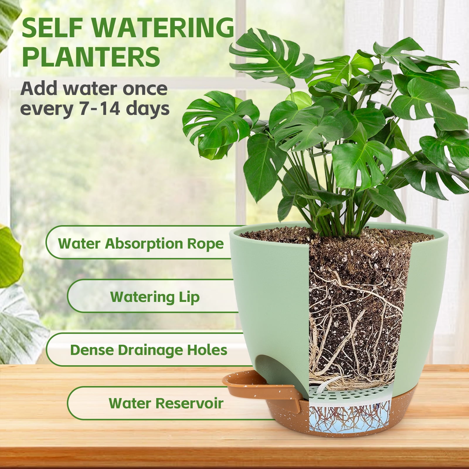 6 Pack Self Watering Plant Pots, Kabaqoo Plastic Planters with Drainage Holes and Saucers, Flower Pots for Indoor Outdoor Garden Plants