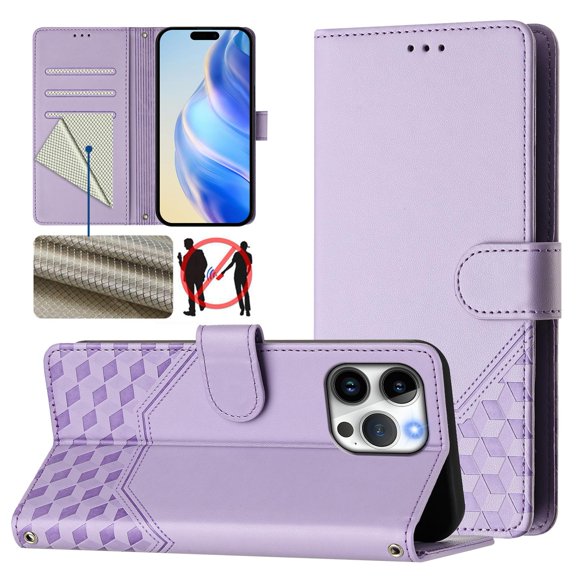 Designed for iPhone 15 Pro Max Flip Phone Case,With Card Slots,PU Leather Flip Folding Kickstand,With Shoulder Strap and Wrist Strap,Honeycomb Pattern Design,Shockproof Wallet Case,Purple