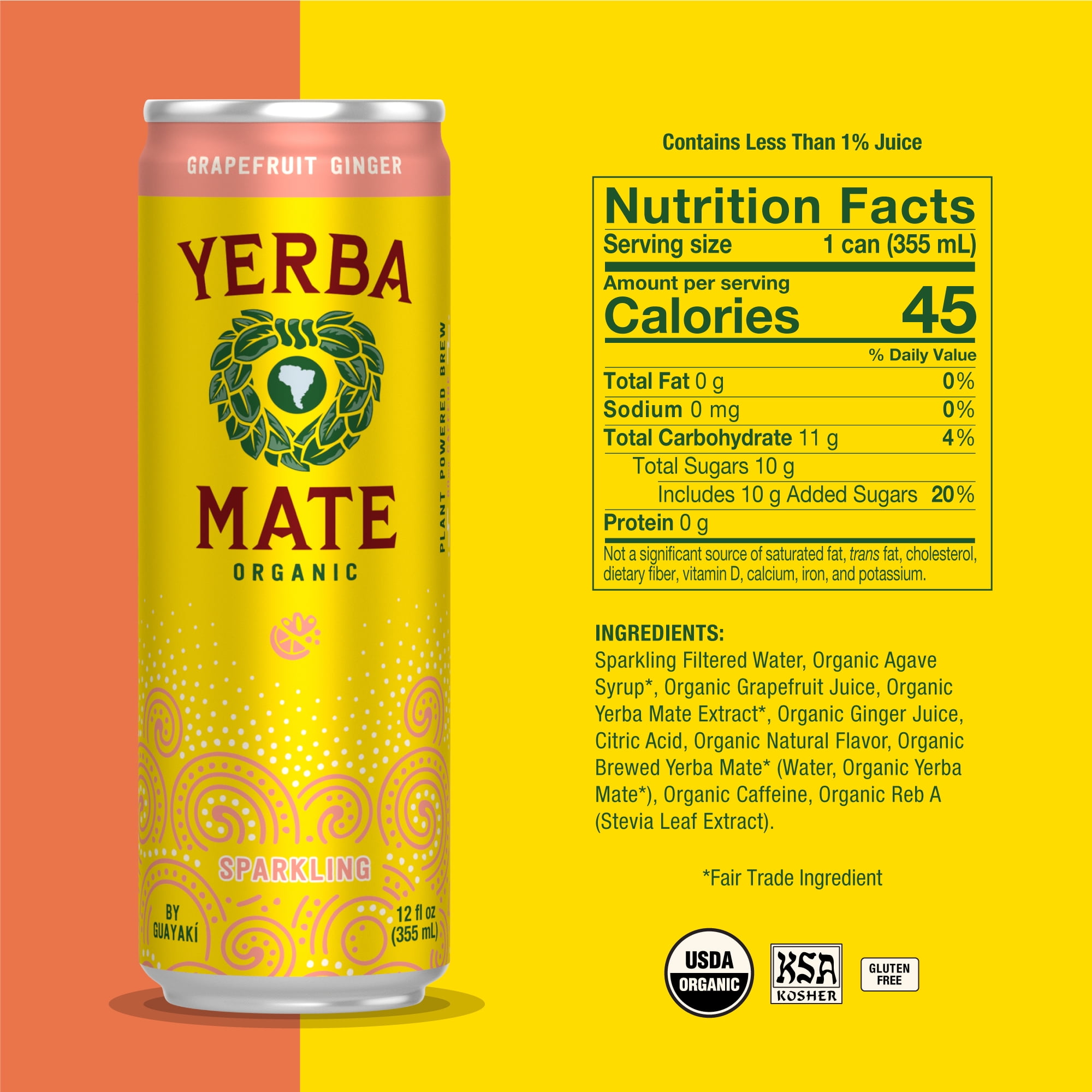 Guayakí Yerba Mate, Organic Sparkling Energy Drink Alternative, Grapefruit Ginger, 80mg Natural Plant Based Caffeine, Smooth Energy & Focus, Carbonated, 12 Oz (Pack of 12)
