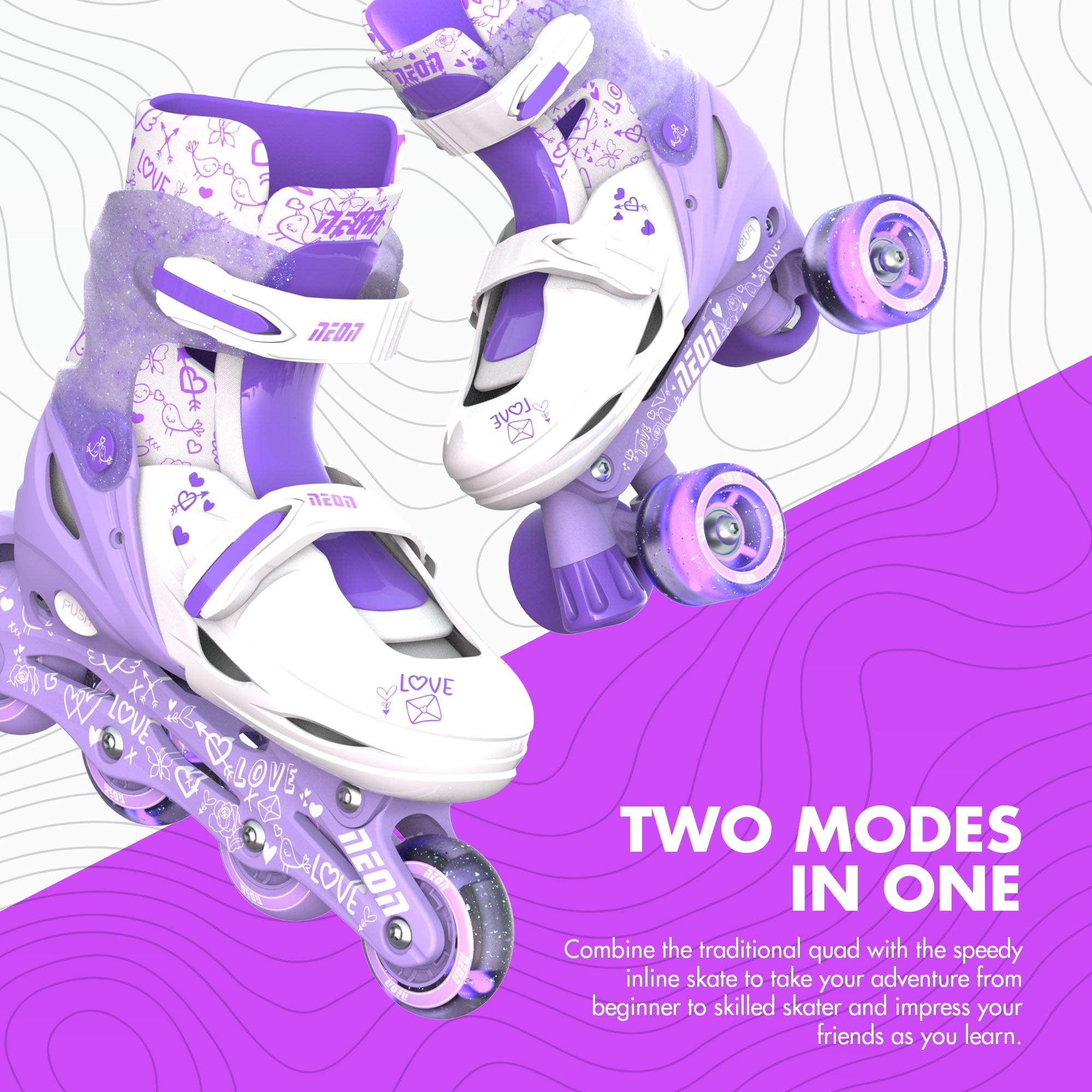 Yvolution Neon 2in1 Roller Skates Inline and Quad, Girls, Kids Skates, Size 3-6, Purple