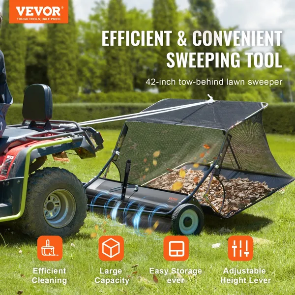 42 Inch Heavy Duty Tow Behind Lawn Sweeper 12 cu ft Large Capacity Leaf Grass Collector with Adjustable Height and Dumping Rope