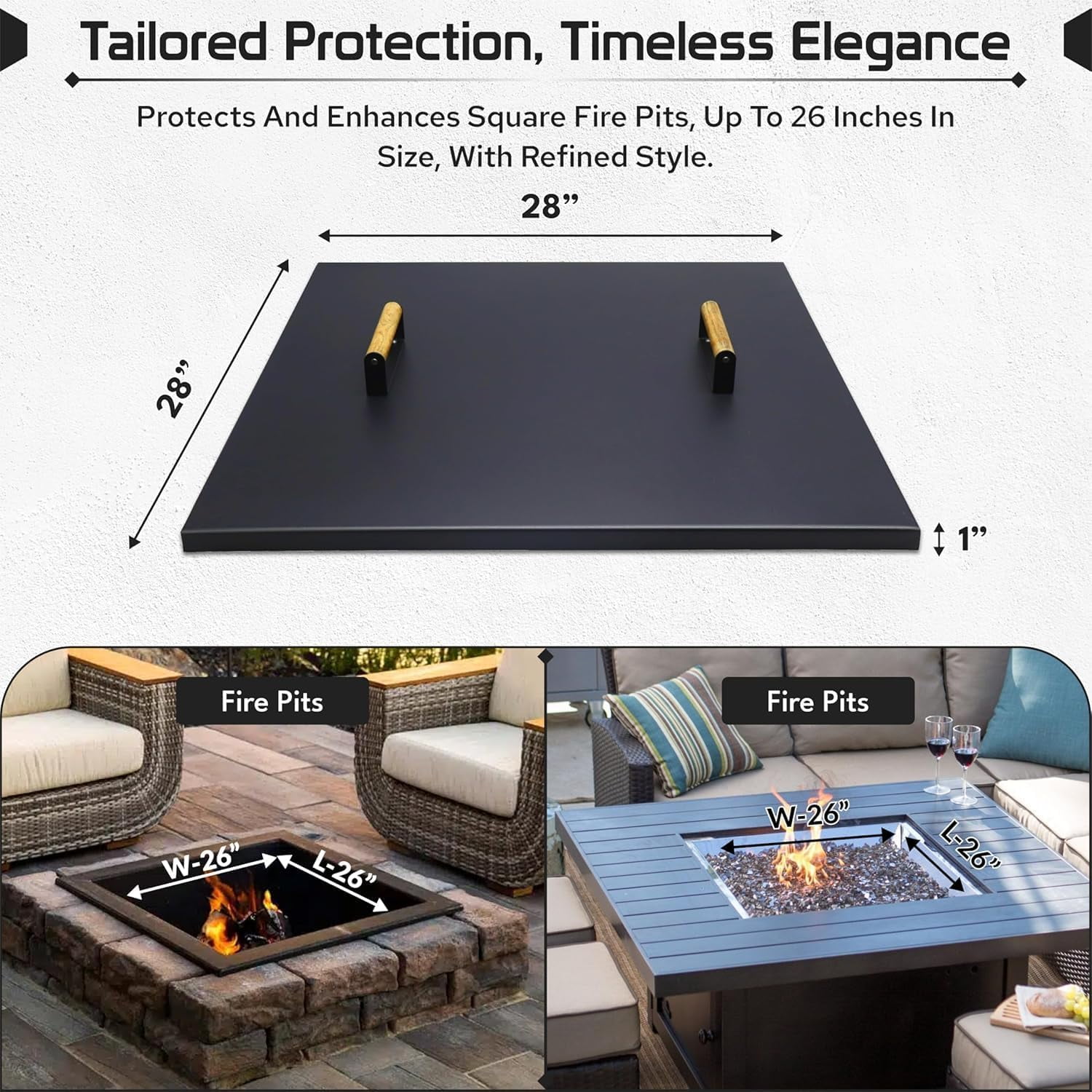 Febtech -28" Square Fire Pit Snuffer Lid - Carbon Steel FirePit Pan Lid for 26" FirePit- Steel Cover with Wooden Handles Fire Pit Shield for Outdoor Burner Cover Camping Accessories