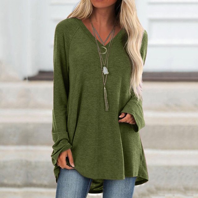 ICHUANYI Liquidación Mujer Casual V-Cuello Camiseta Suelta Manga Larga Tops Blusa Sólida ICHUANYI WER202308253403