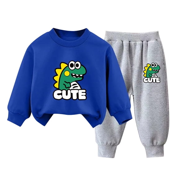 Zwiiyzr 2025 3-10Y Toddler Baby Boy Girl Dinosaur Clothes Warm Fleece Lined Print Long Sleeve Sweatshirt Tops and Pants Winter Fall Clothing Set Blue