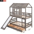 thumbnail image 3 of Twin over Twin Size Bunk Bed with Slide for Kids, Wood House Bunk Bed Frame with 2 Drawers and Roof, Storage Bed Frame with Full-length Guardrails and Ladder for Boys Girls Bedroom Dorm, Gray, 3 of 7