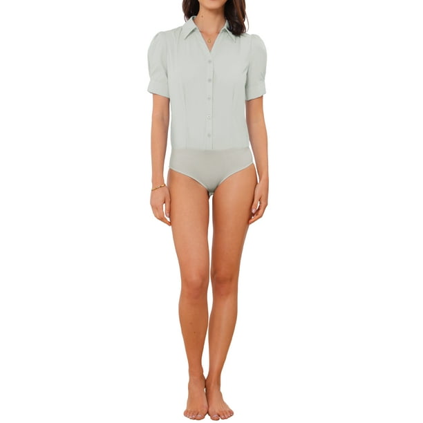 INSPIRAR CHIC Camiseta de Trabajo de Manga Corta para Mujeres, Body de Botones de Una Pieza, Talla M, Gris Claro