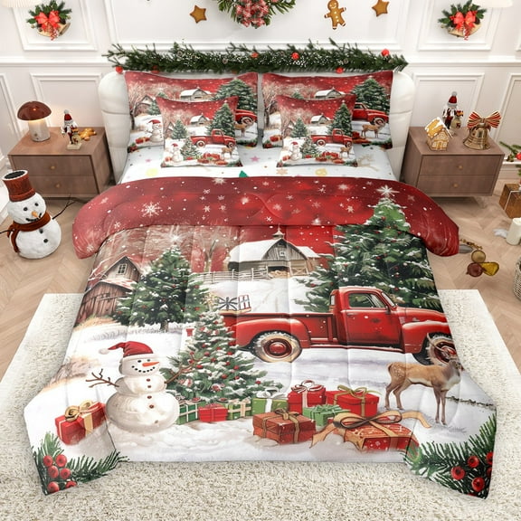Castle Fairy Xmas Snowman Deer 7-Piece Twin Bedding Sets for Preppy Children Teens,Retro Red Truck Bedding Comforter Set,Rustic Cabin Breathable Sheet Sets,Merry Christmas Room Decor
