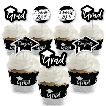 Black and White Grad - Best is Yet to Come - Cupcake Decoration - 2019 Black and White Graduation Party Cupcake Wrappers and Treat Picks Kit - Set of