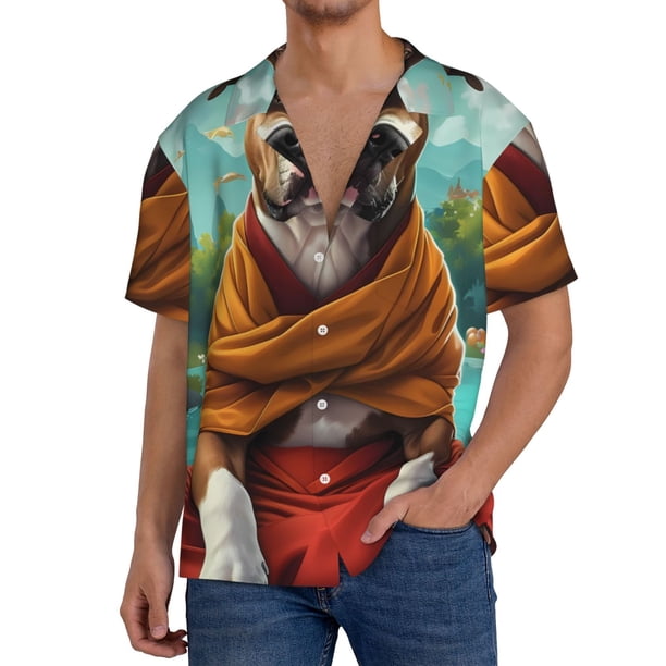Fotbe Meditating French Bulldog Camisa Estampada de Manga Corta para Hombre, Casual de Verano, Estilo Playero, Sin Arrugas-XX-Large