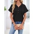 thumbnail image 4 of Women Summer Tops Waffle Knit Short Sleeve Drawstring Hoodies Button V Neck Casual Blouses Shirts, 4 of 9