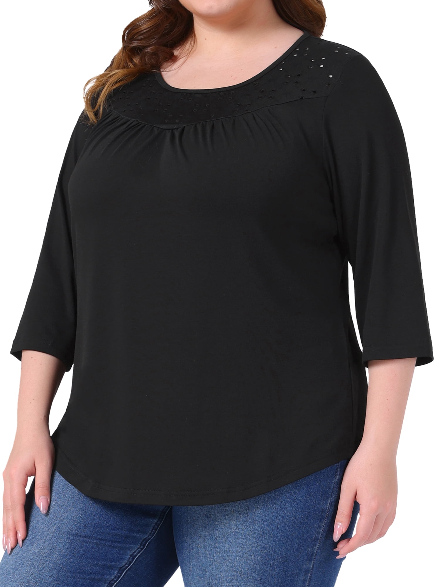 DARING DIVA Women's Plus 3/4 Sleeve Crochet Lace Detail Blouse Tunic Shirt 3X Black