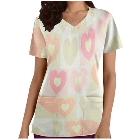 

JGGSPWM Nursing Scrub Tops for Women Heart Print Valentine Holiday Scrub Undershirt Short Sleeve Tunic V Neck Blouse Nurse Love Patterned Cute Stretch Uniforms Beige XL