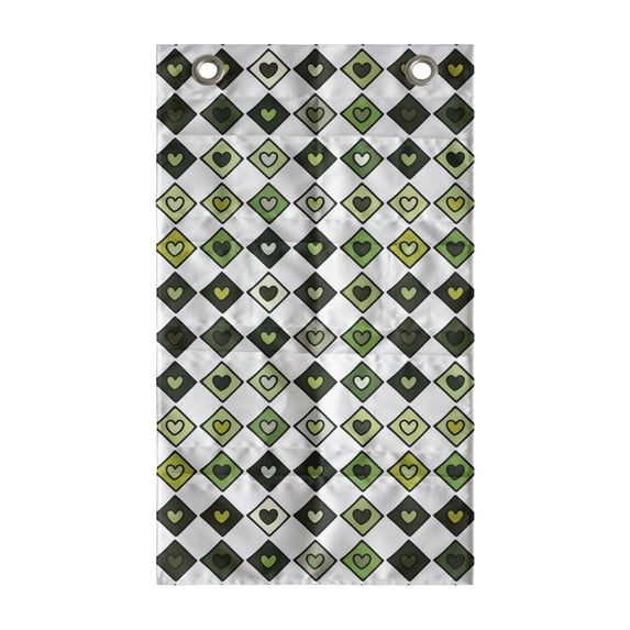 Abstract Hanging Pocket Organizer, Squares Ornamented with Heart Motifs, Printed Polyester Storage Bag with Pockets, 21" x 31", White Green