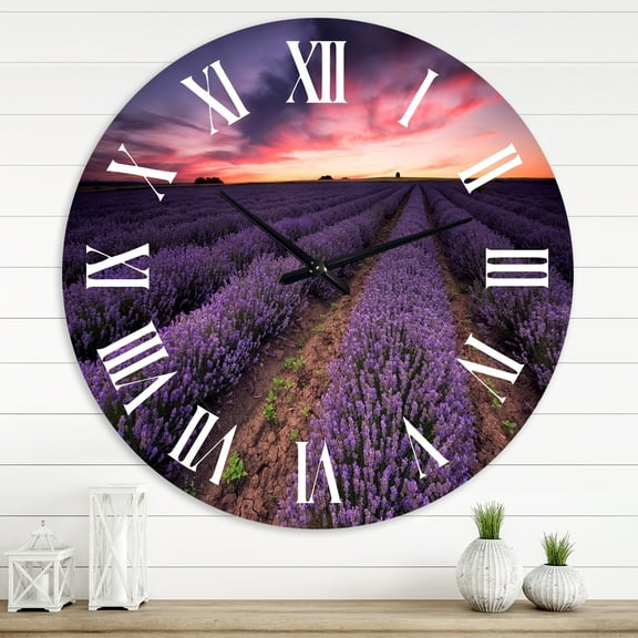 Designart 'Sunrise & Dramatic Clouds Over Lavender Field Ix' Farmhouse Wall Clock