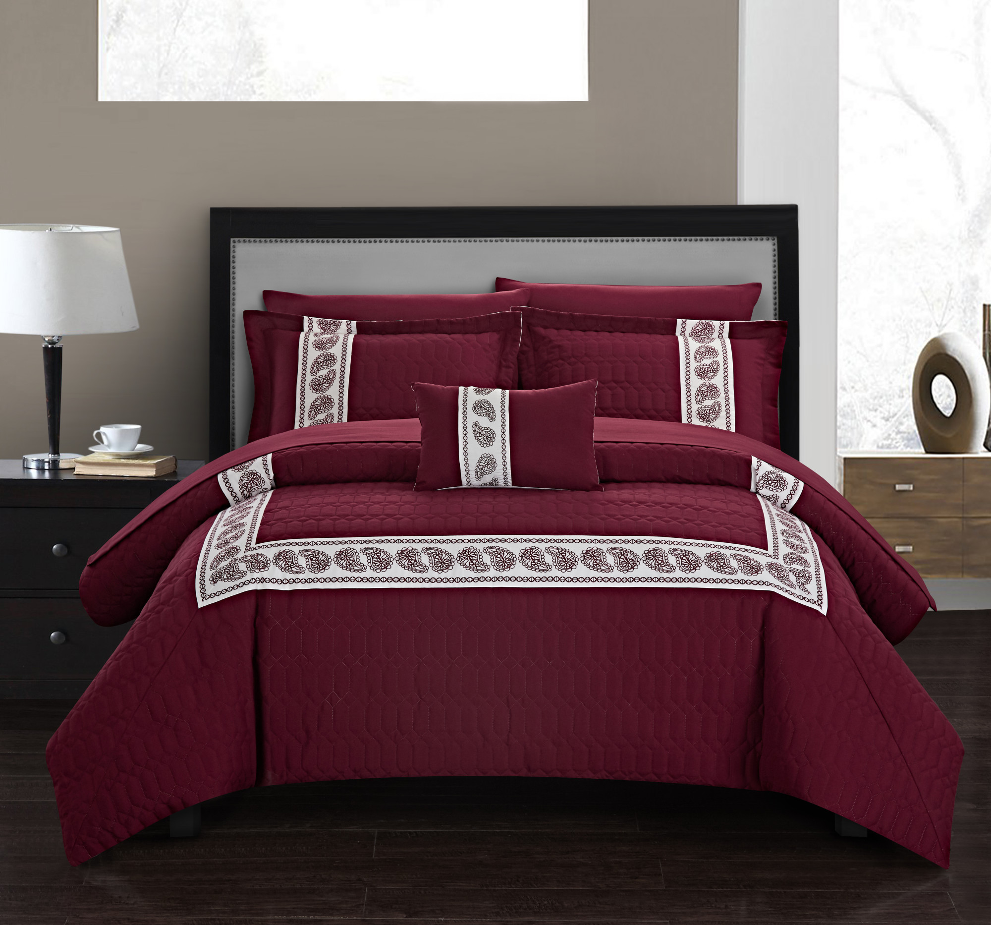 Chic Home Mason 6Piece Applique Comforter Set, Twin, Burgundy