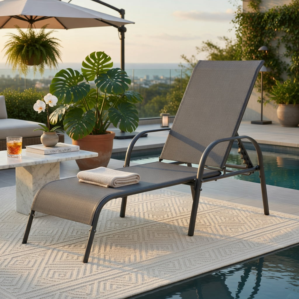 Hommoo Adjustable Folding Patio Chaise Lounge Chair, 5-Position Reclining Backrest, Weather-Resistant Fabric & Powder-Coated Steel Frame, Dark Gray